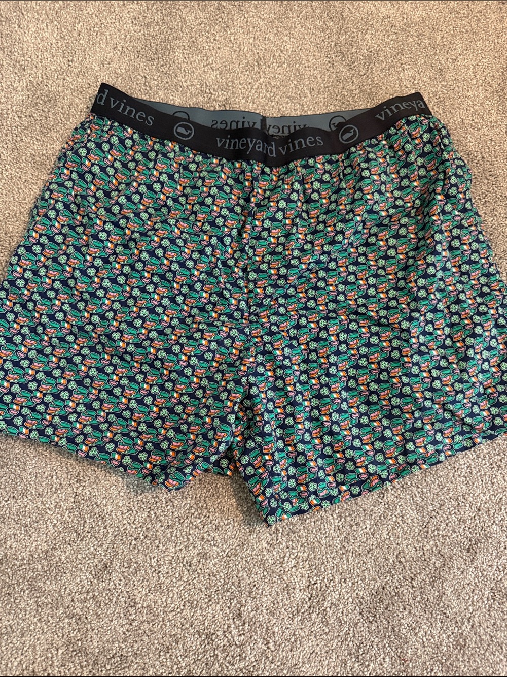 Vineyard Vines Men’s Navy Boxer Shorts with Green & Orange Pattern